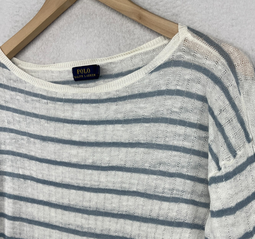 POLO RALPH LAUREN Sweater Womens S Striped Sheer Ribbed Top Boat Neck White HK